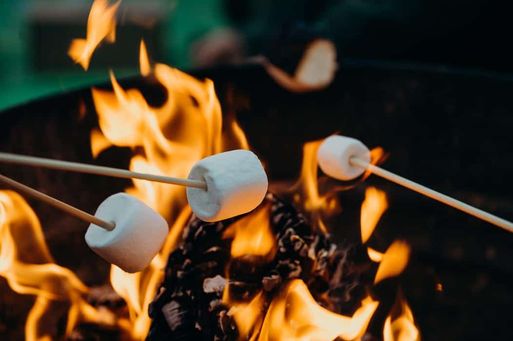 fall fire features - roasting marshmallows over wood fire pit